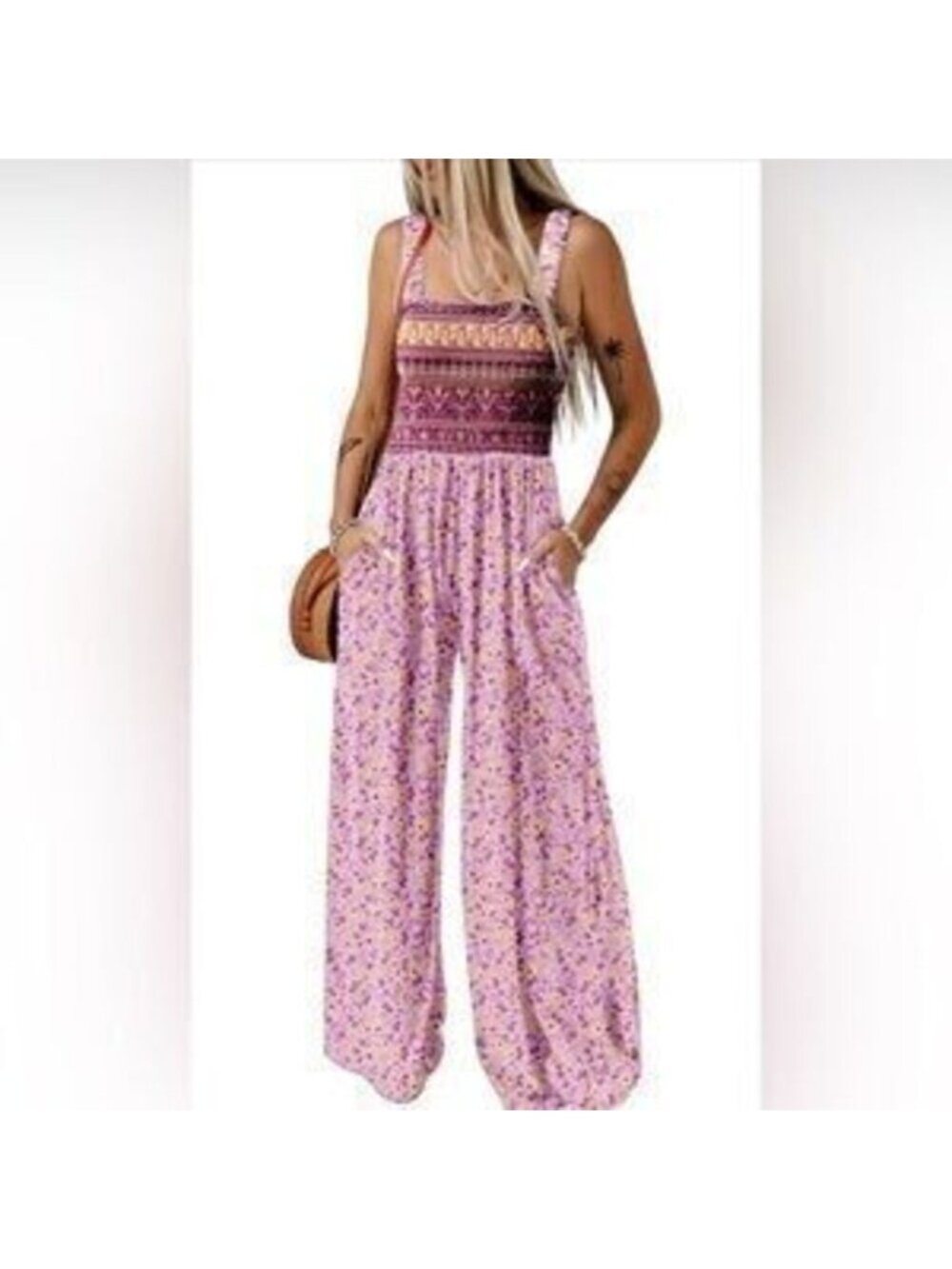 Overalls One Piece Sleeveless Printed Wide Leg Rompers With Pockets